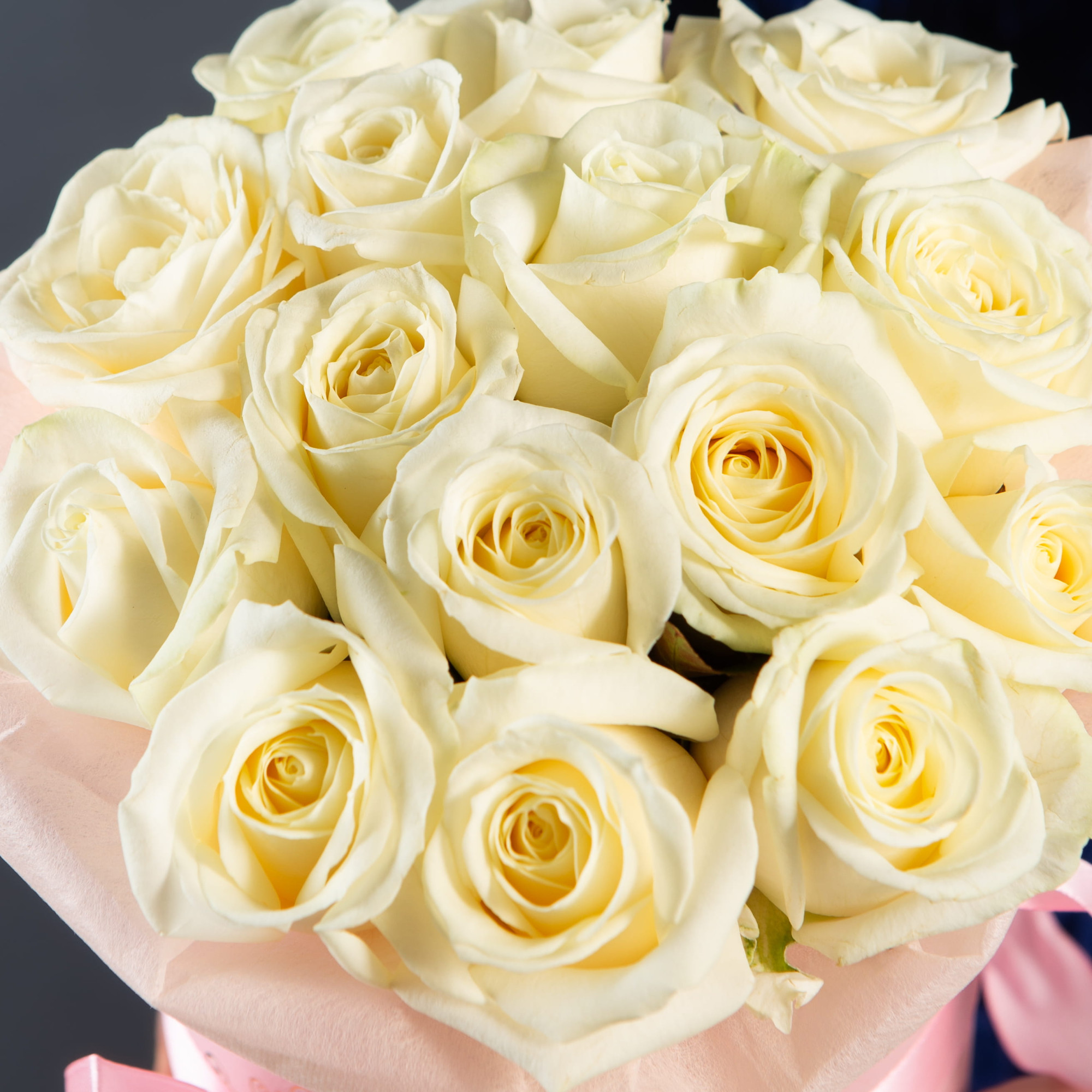 15 белых роз в маленькой розовой шляпной коробке №196