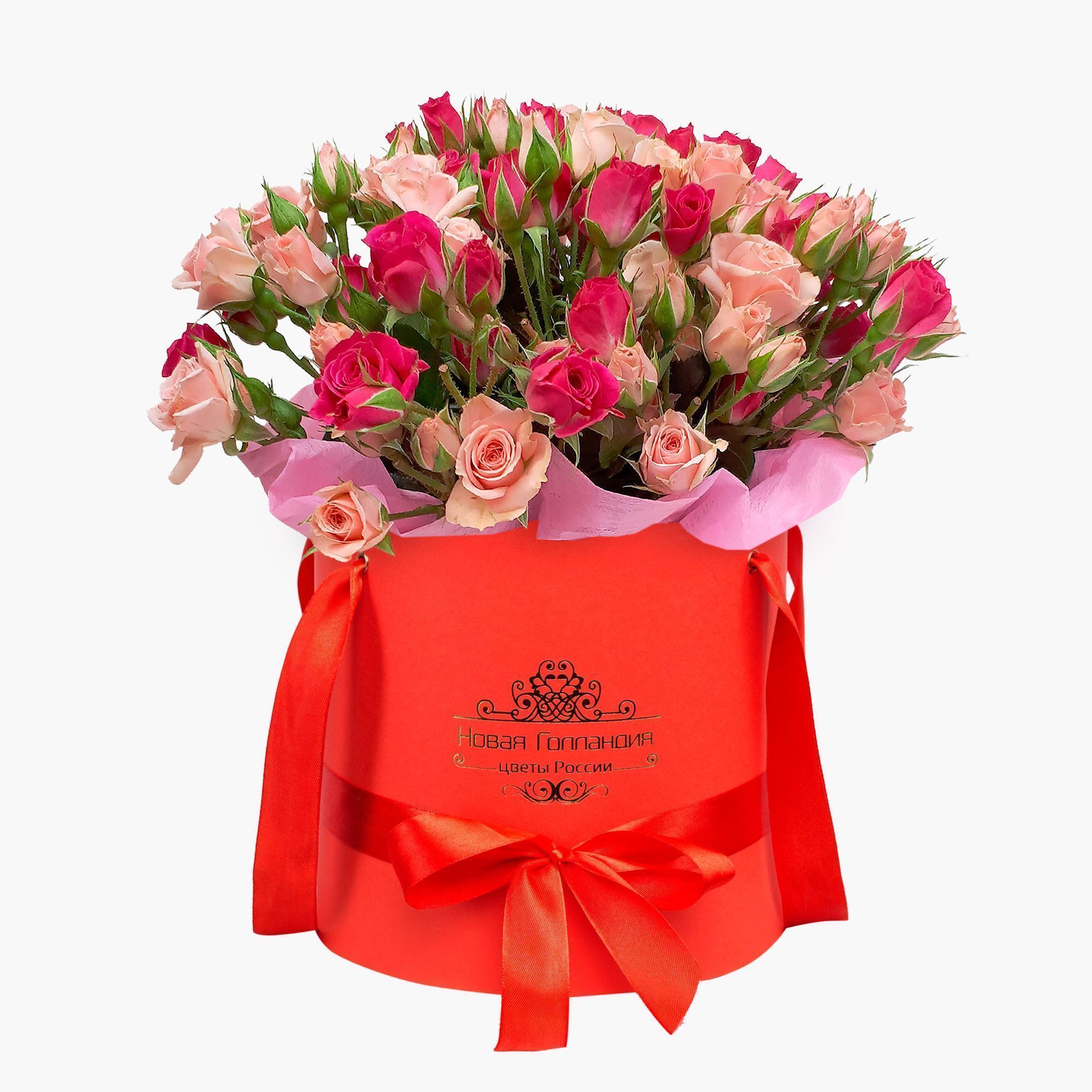 Ассорти из кустовых роз в красной коробке №717