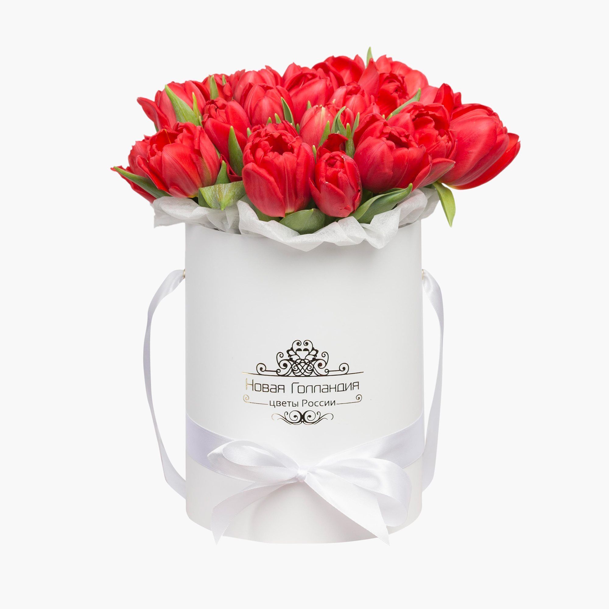 25 красных тюльпанов в белой маленькой шляпной коробке №525